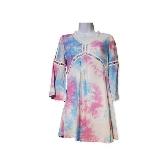 Wonderlust LA Women's Size Small Pastle Tye Dye Blouse White Cutout Trim - Picture 1 of 7
